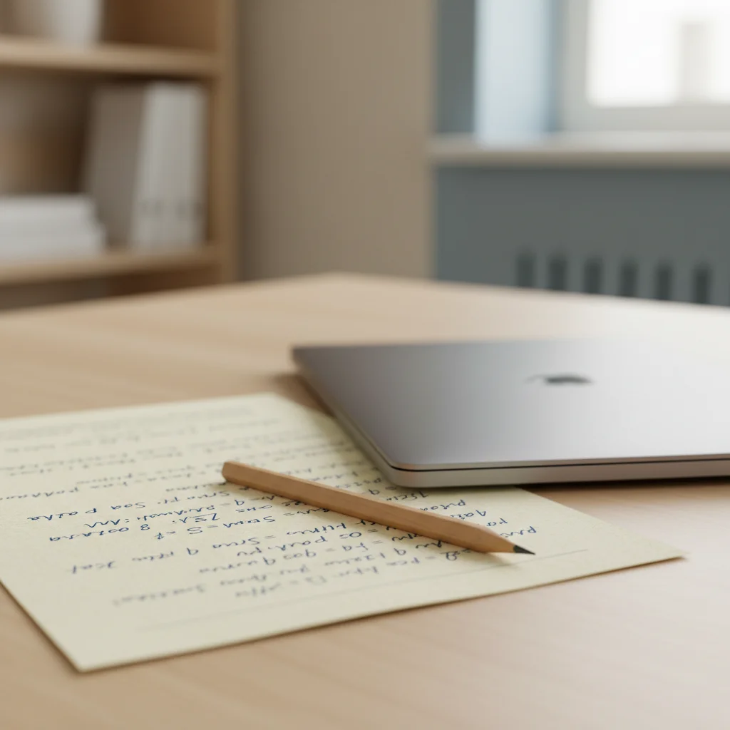 A pencil resting on a page of handwritten working beside a closed laptop