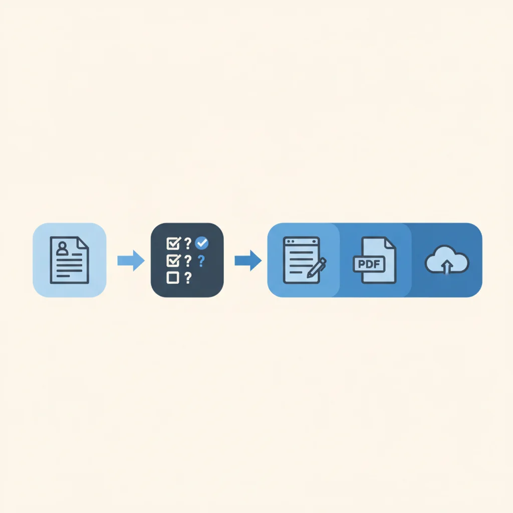 A five-step automated study workflow: a SAC exam paper feeds into generated practice questions with worked solutions, which are saved as note sheets, exported to PDF, and uploaded to cloud storage.