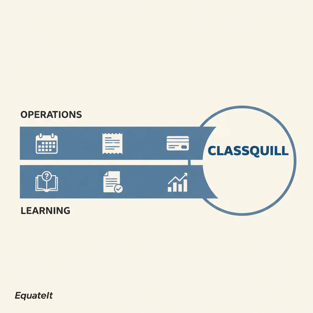 Operations tools handle scheduling, invoicing and payroll; ClassQuill's learning layer of question banks, marking and mastery tracking sits above both