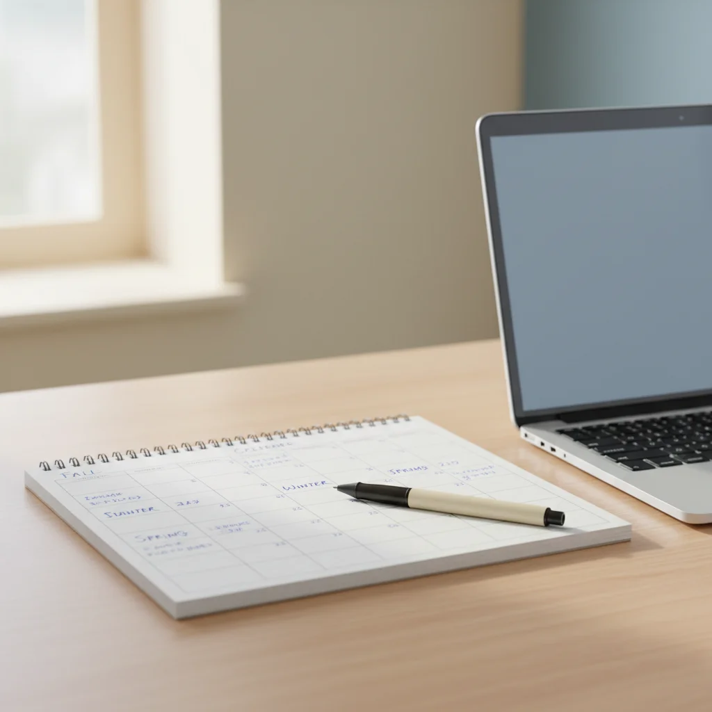 A notebook with a term-by-term calendar beside a laptop on a tidy desk