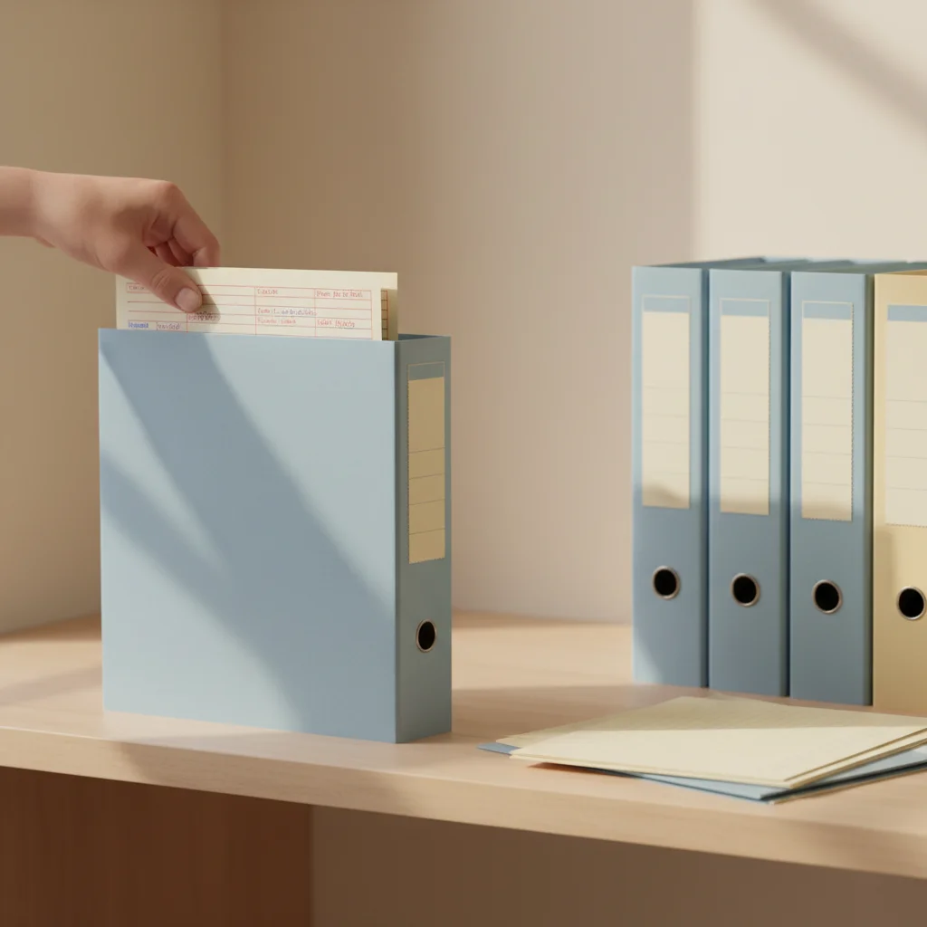 A hand filing a marked-up worksheet into a labelled folder on a shelf