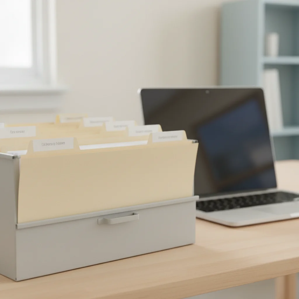 A drawer of blank manila folders beside a laptop, a picture of a shallow, well-sorted filing structure