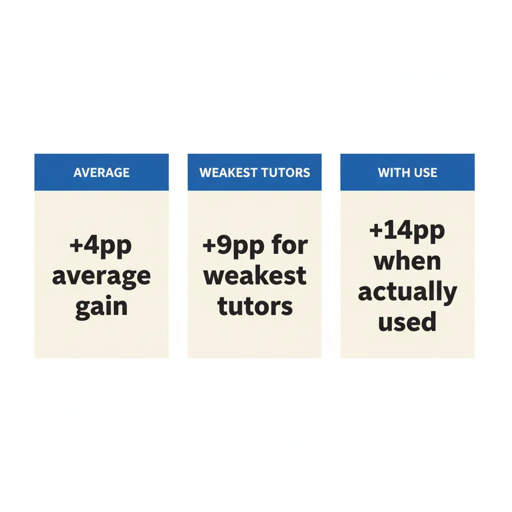 AI tutoring results: +4pp average, +9pp weakest tutors, +14pp when used