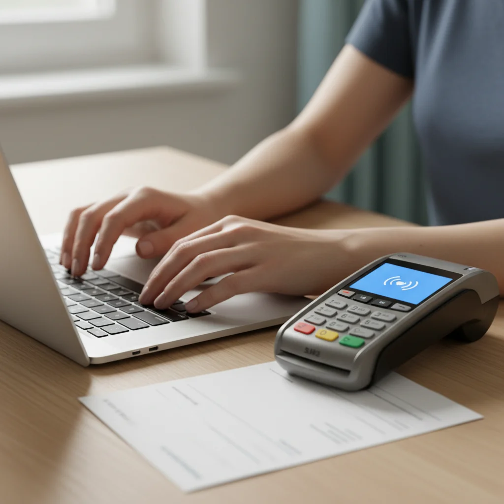 A tutoring business owner taking a card payment and reconciling an invoice at a desk