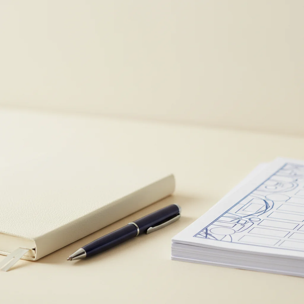 A stack of printed worksheets and a notebook on a desk
