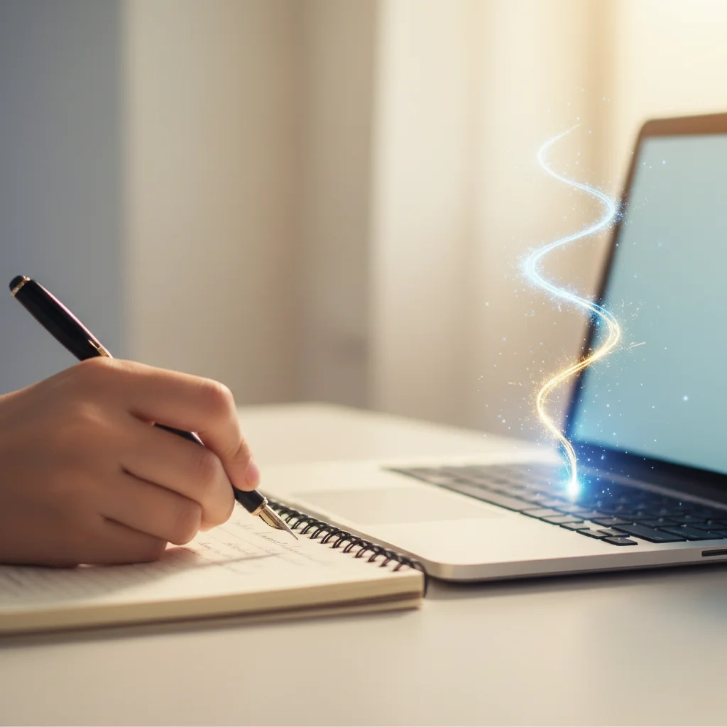 A student studying beside a laptop with a soft glow, suggesting curriculum-grounded AI support