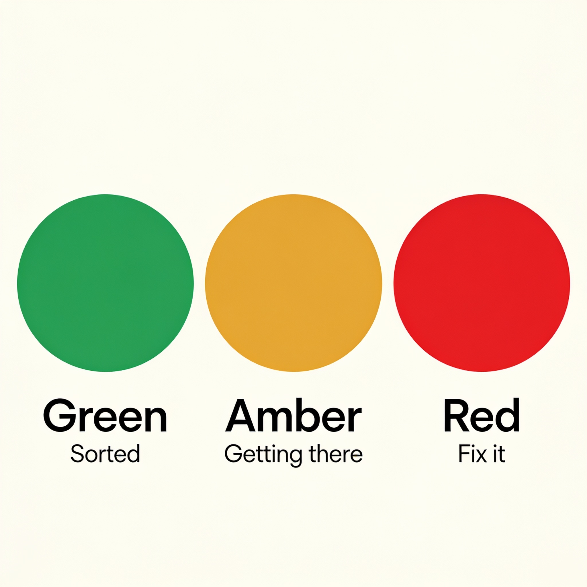 Traffic light study system — green sorted, amber getting there, red fix it
