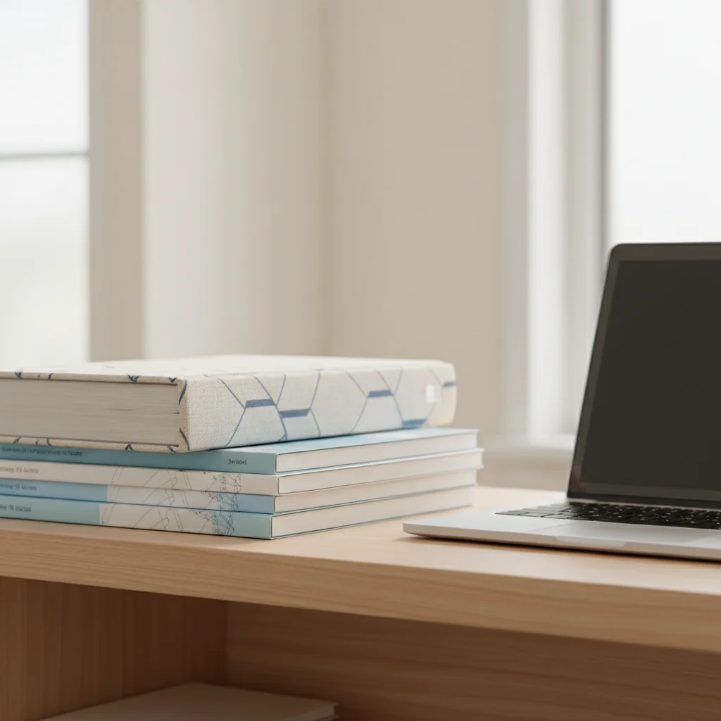 Textbooks and workbooks stacked beside a laptop