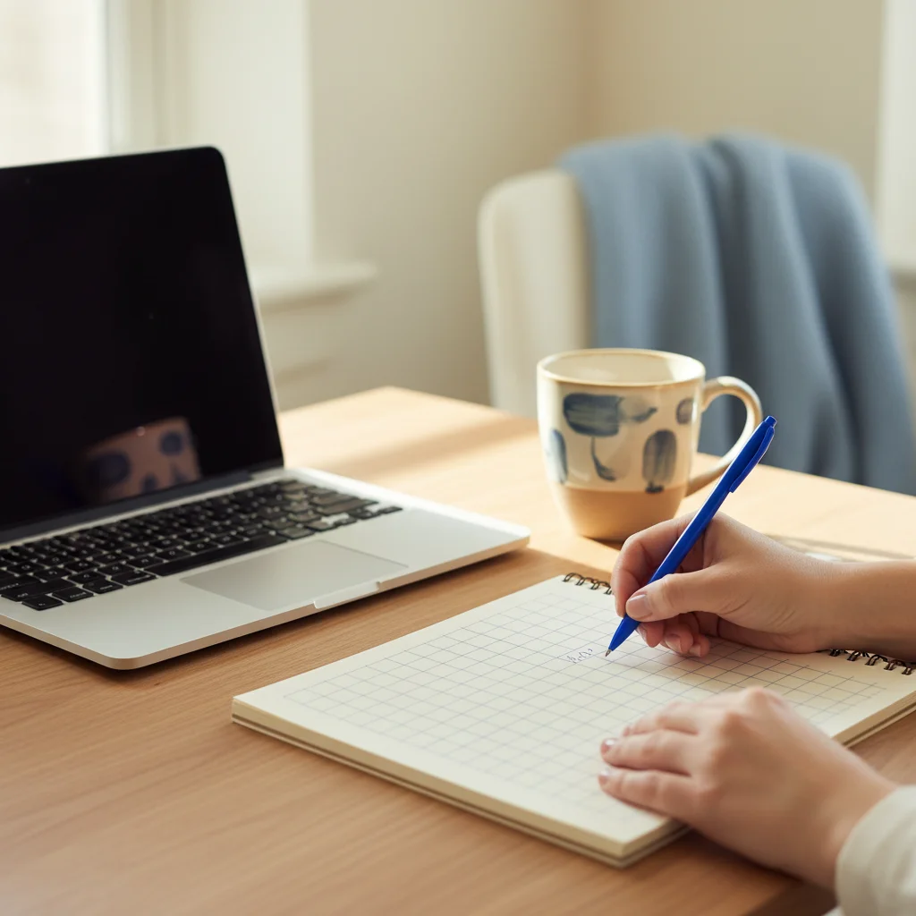 A notebook and laptop on a desk with a hand-drawn grid for tracking applicants by stage