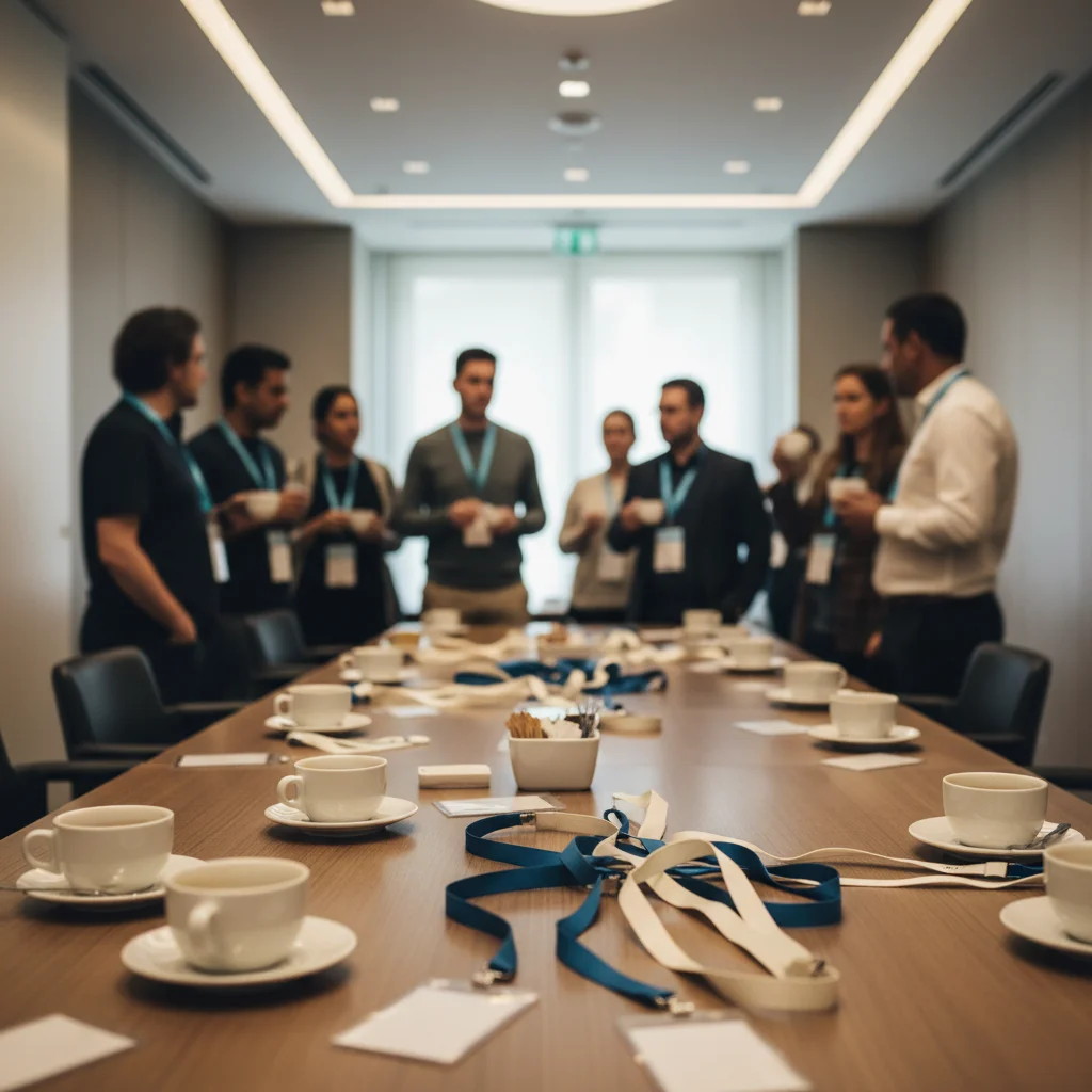 A conference networking area with coffee and lanyards on a table