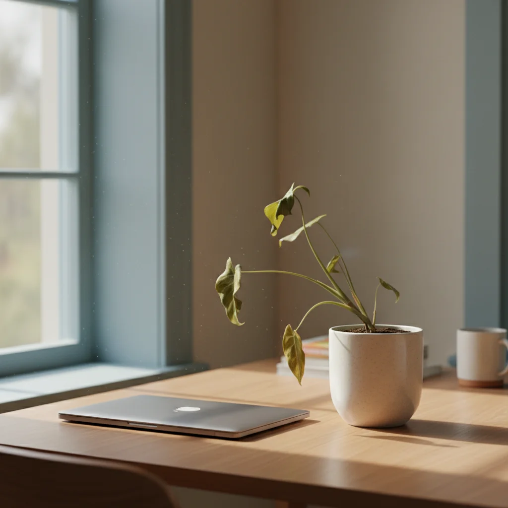 A closed laptop and a wilting plant on a study desk, suggesting lost momentum between sessions